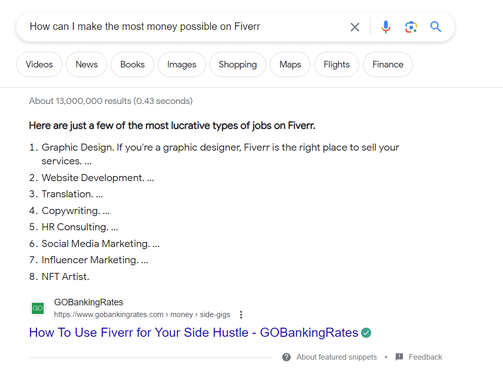 Google search Fiverr quick money